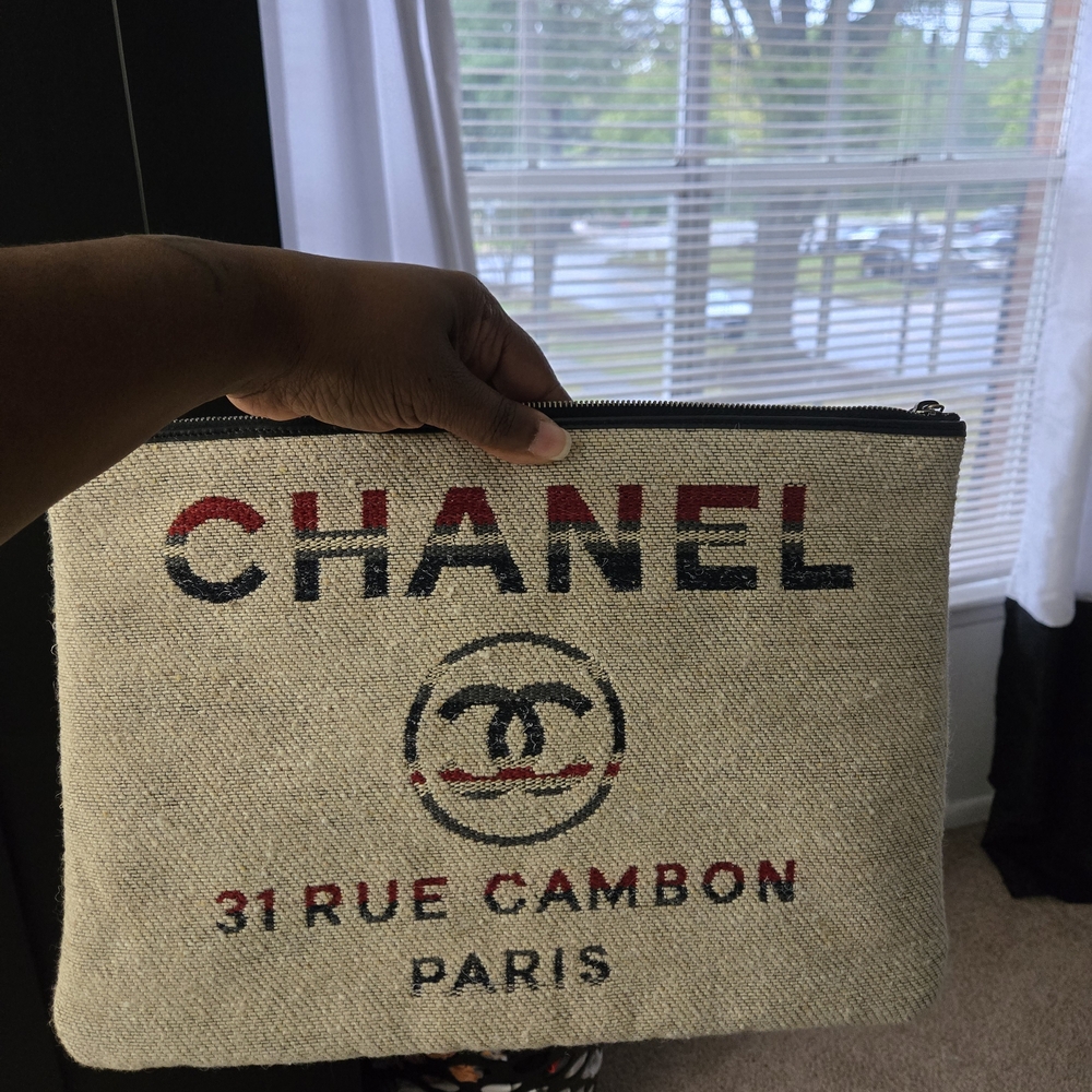 CHANEL Beige and Blue Canvas Toiletry Bag